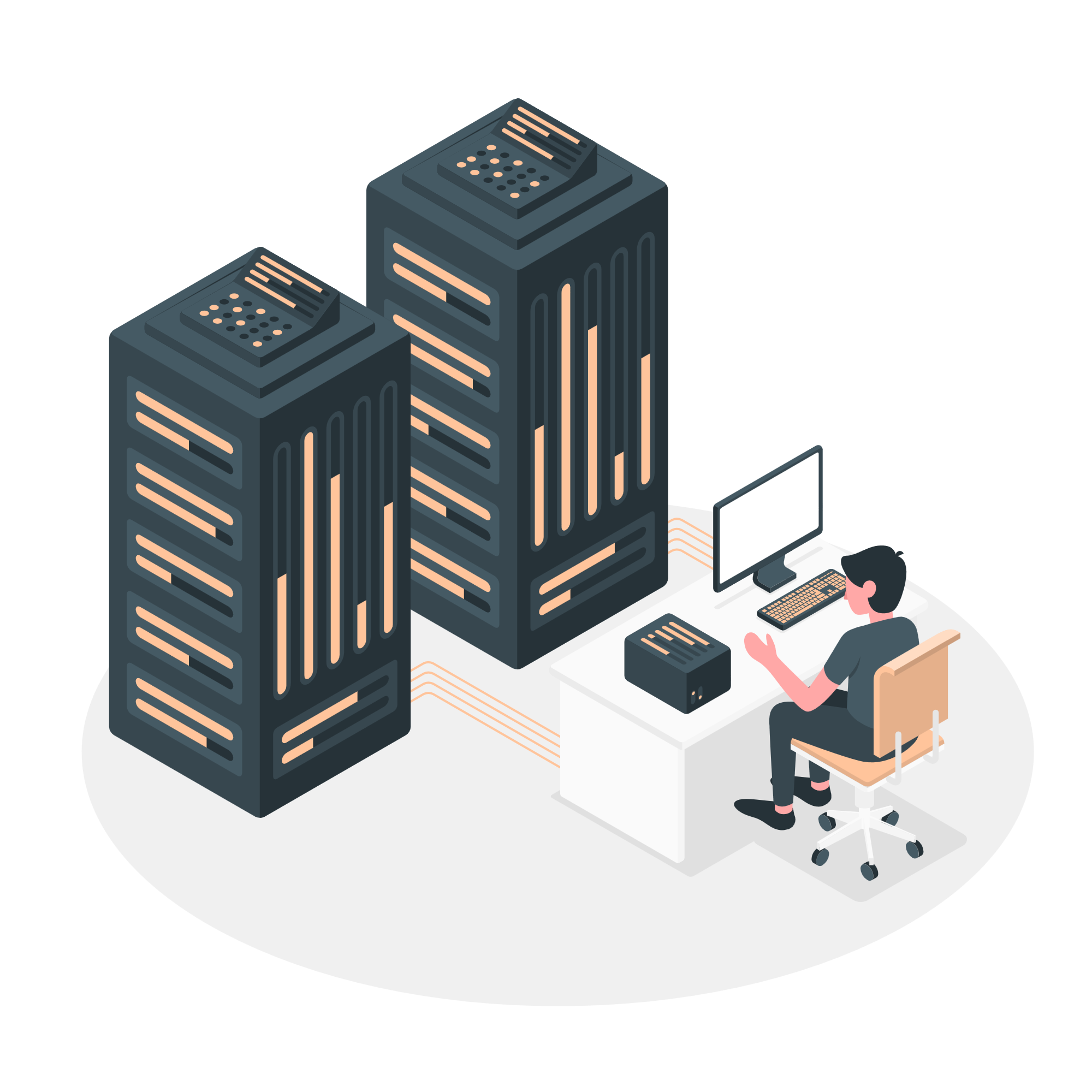 Mężczyzna siedzący przy serwerach.